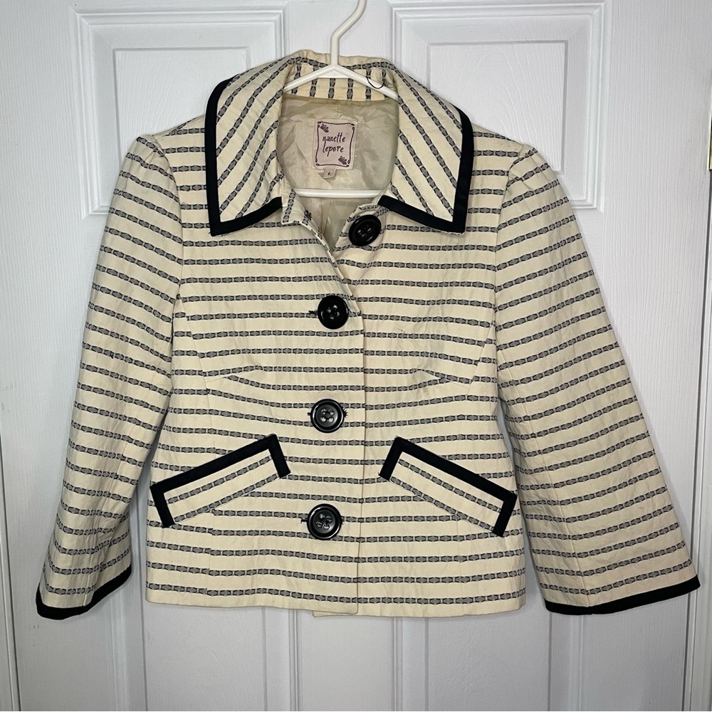 Nanette Lepore Vintage Cotton Striped Cropped Blazer Jacket 6